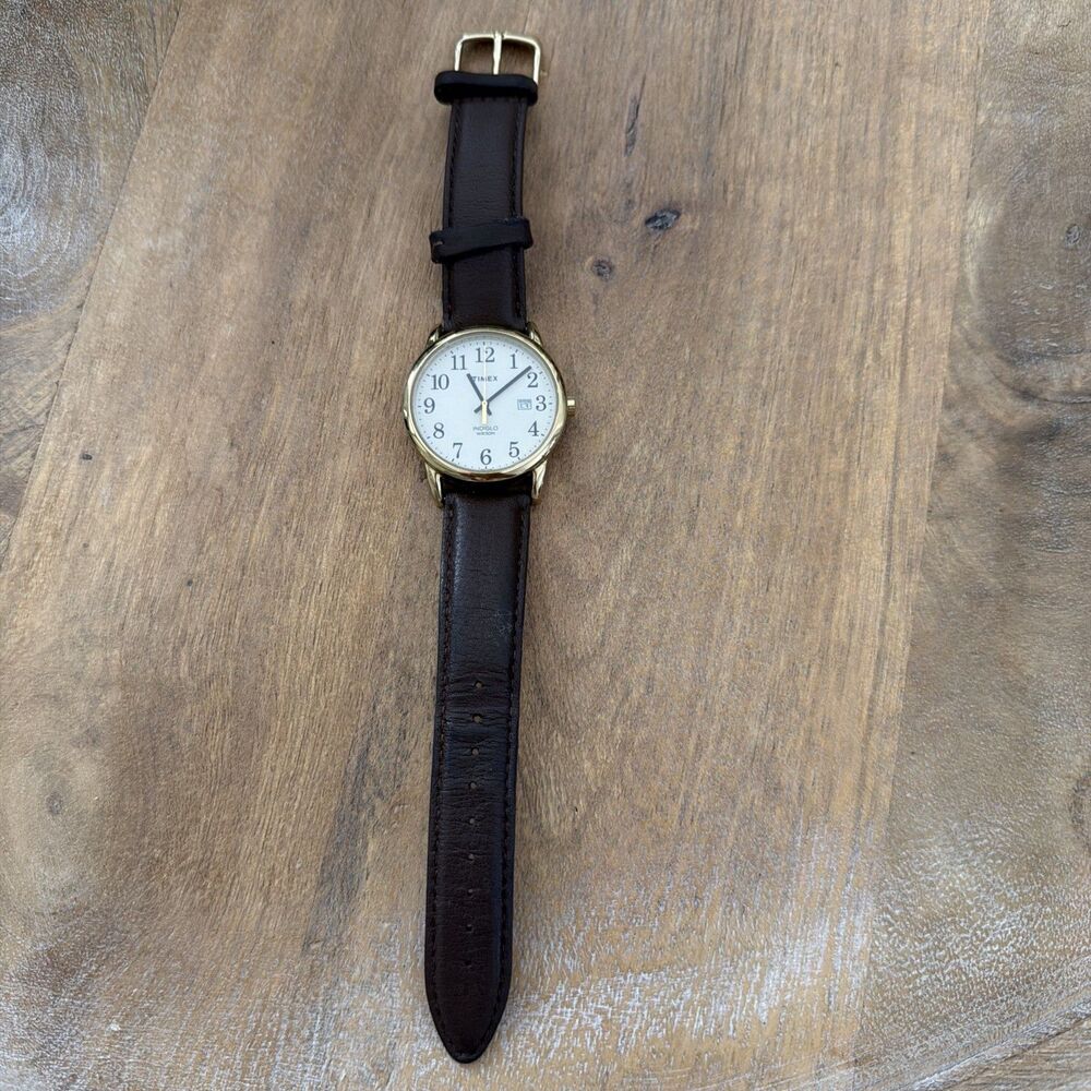 Timex Indiglo WR30M Quartz Analog Watch Date Gold Tone Brown Leather